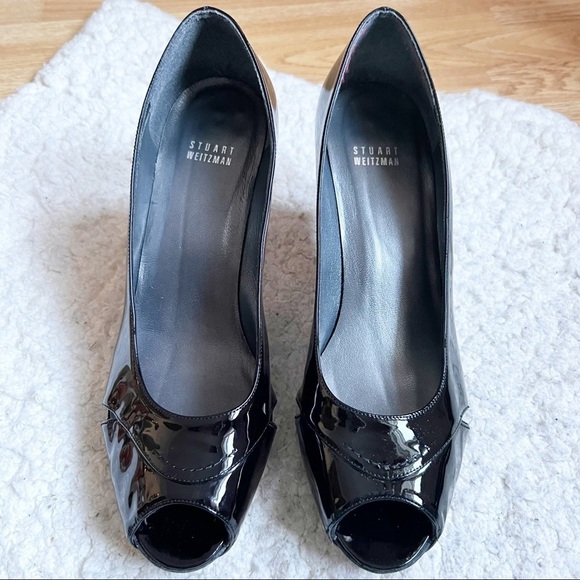 STUART WEITZMAN: Classic Patent Leather Black Platform Peep Toe 3.5 inch Heels - Picture 2 of 10